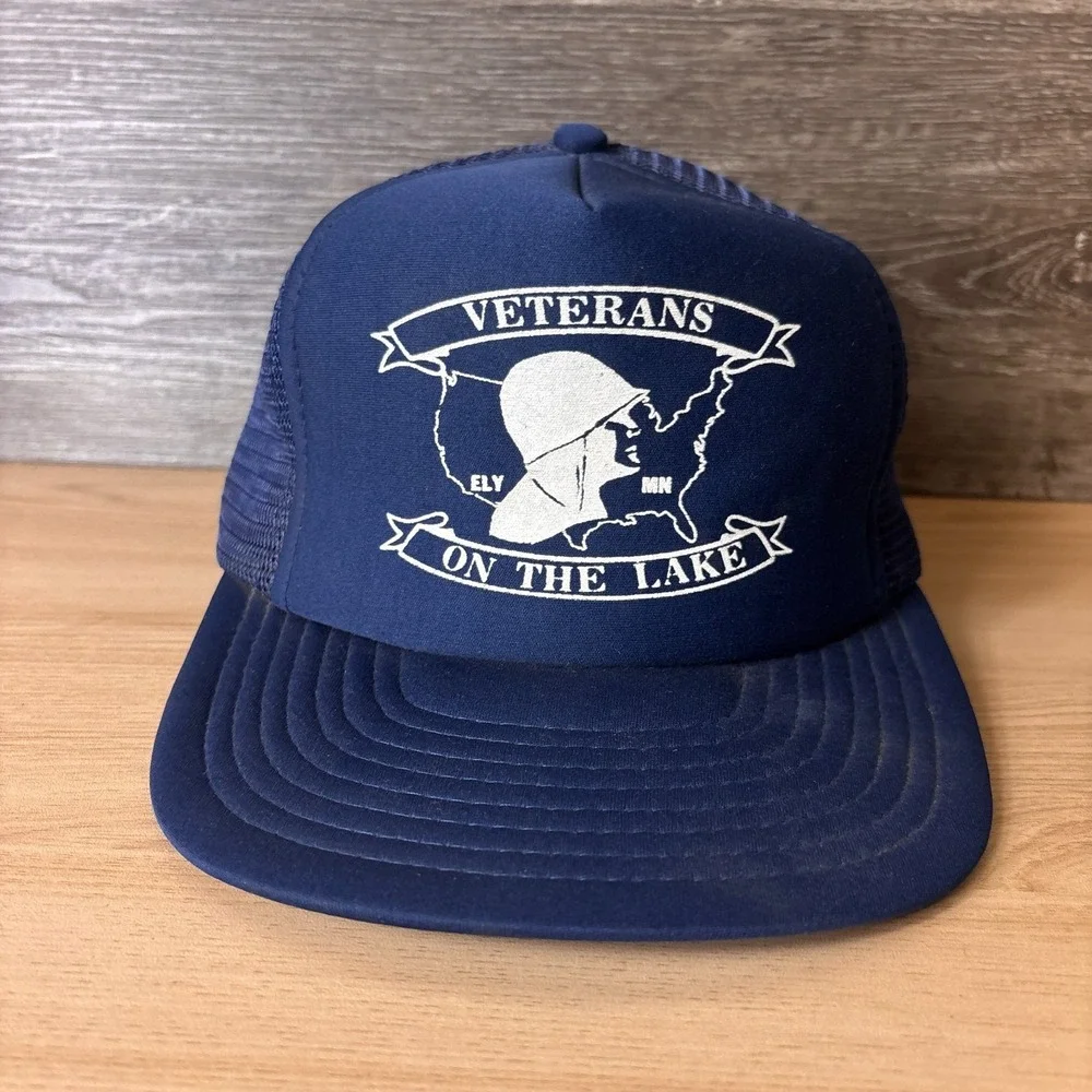 Vintage Veterans On The Lake Hat Cap Snap Back Blue Mesh Trucker Ely Minnesota